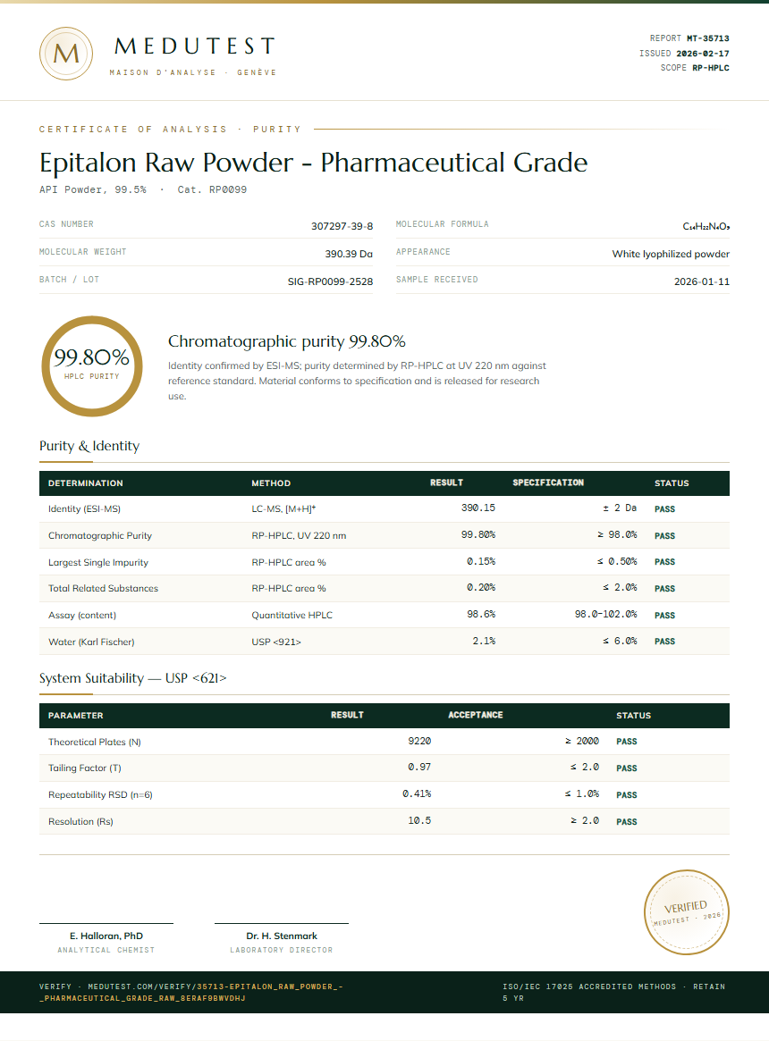 Epitalon Raw Powder - Pharmaceutical Grade Purity (HPLC) report by Medutest