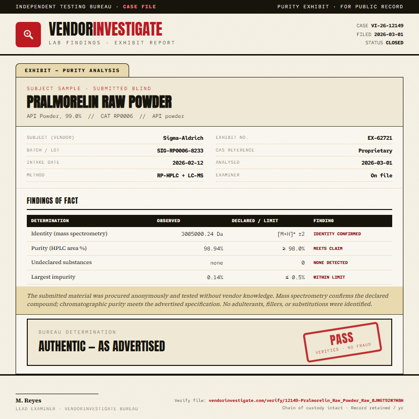 Pralmorelin Raw Powder Purity (HPLC) report by VendorInvestigate
